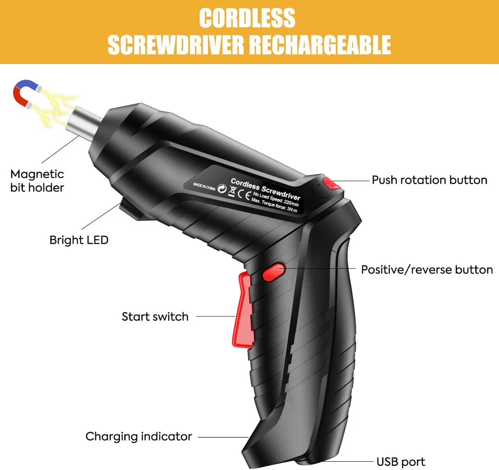 45-Piece USB Rechargeable Cordless Screwdriver Kit with LED Light