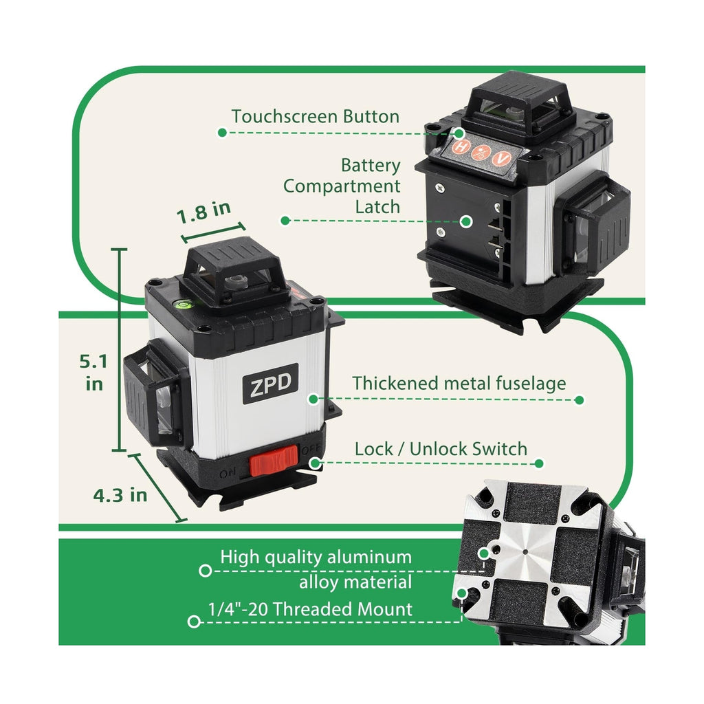 4D 360° Green Laser Level Kit with Tripod & Dual Batteries