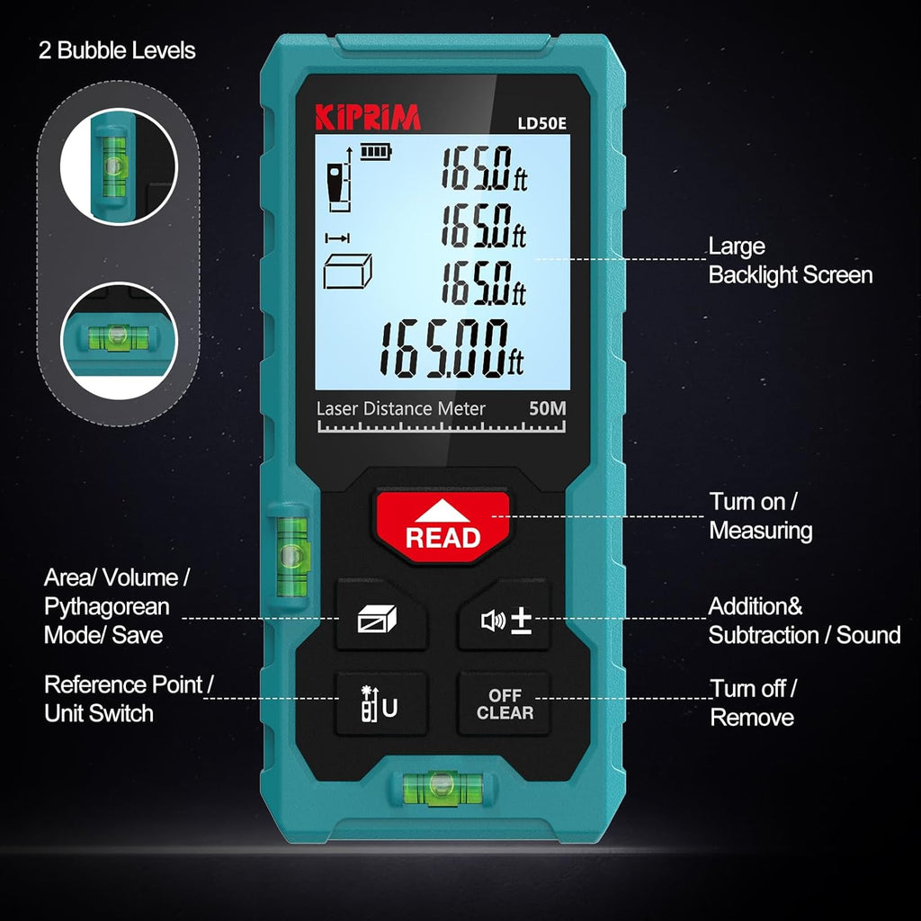 165FT Digital Laser Distance Measure – Backlit LCD & Bubble Level