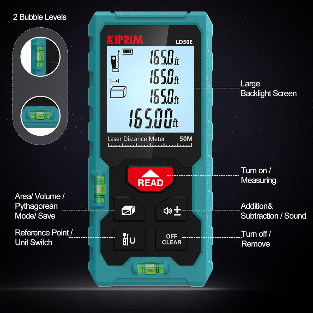 165FT Digital Laser Distance Measure – Backlit LCD & Bubble Level