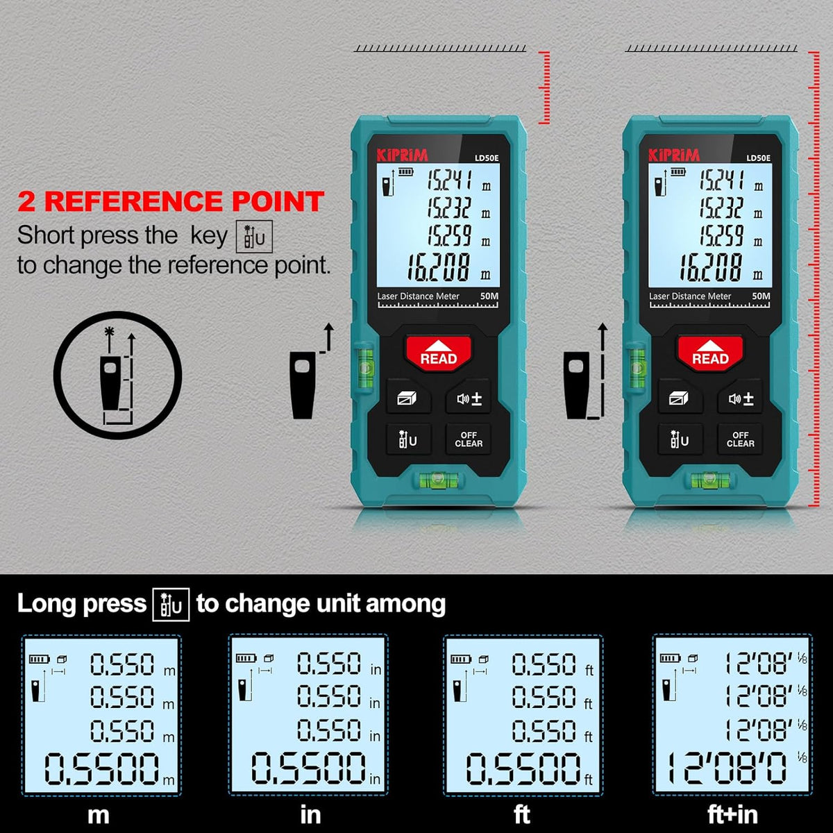 165FT Digital Laser Distance Measure – Backlit LCD & Bubble Level