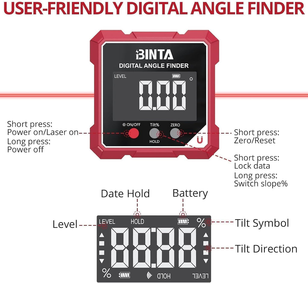 Rechargeable Digital Angle Finder with Dual Laser & Magnetic Base