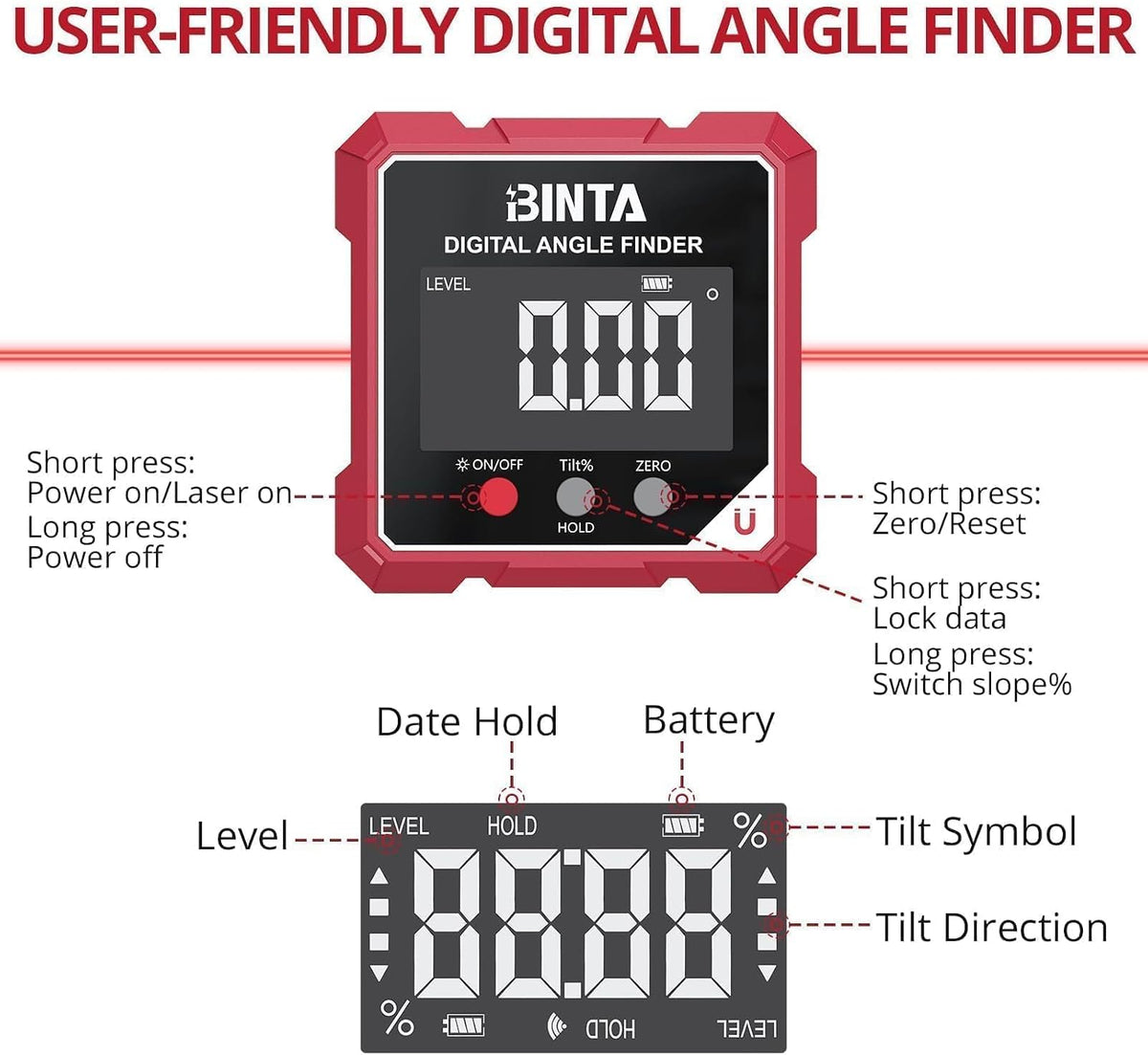 Rechargeable Digital Angle Finder with Dual Laser & Magnetic Base