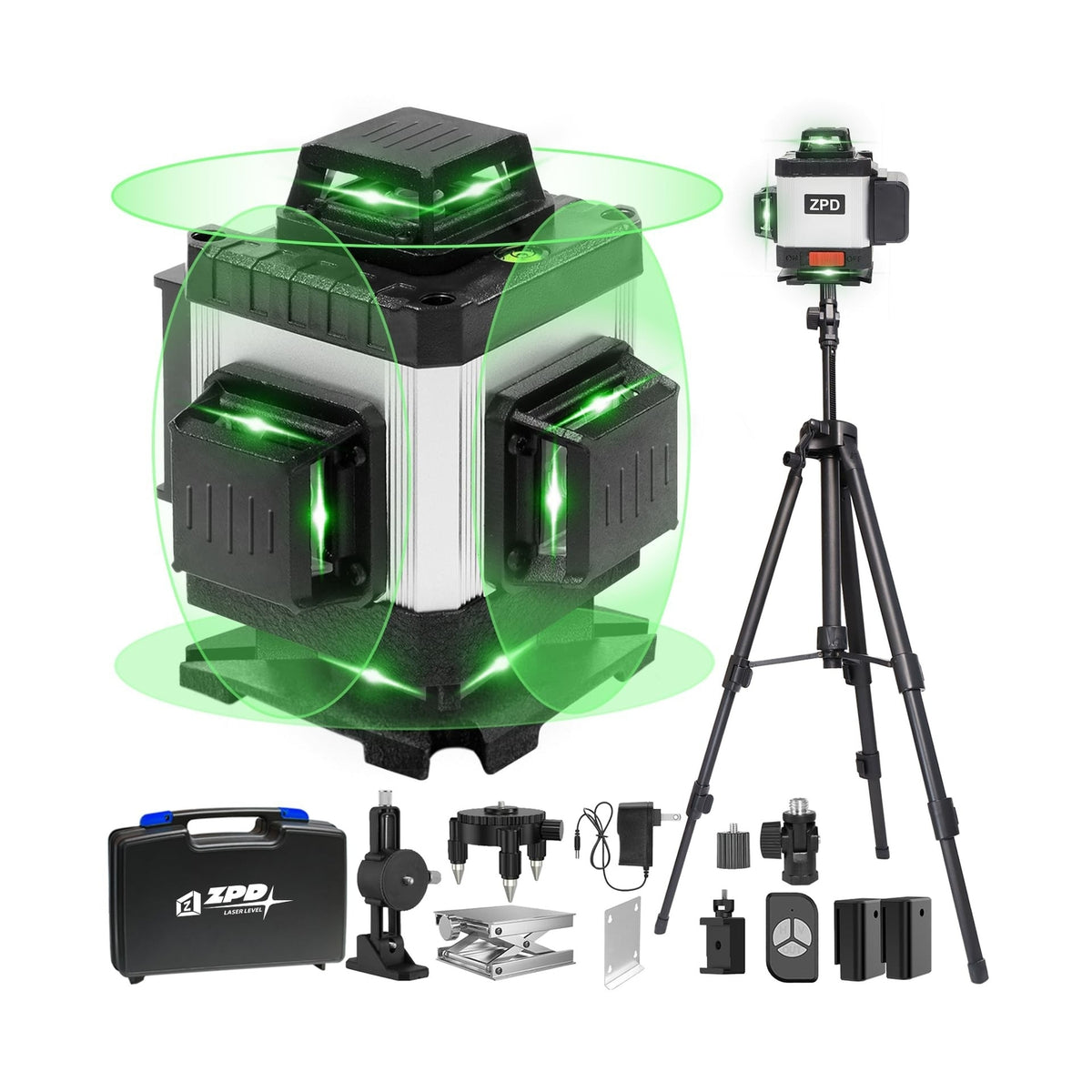 4D 360° Green Laser Level Kit with Tripod & Dual Batteries